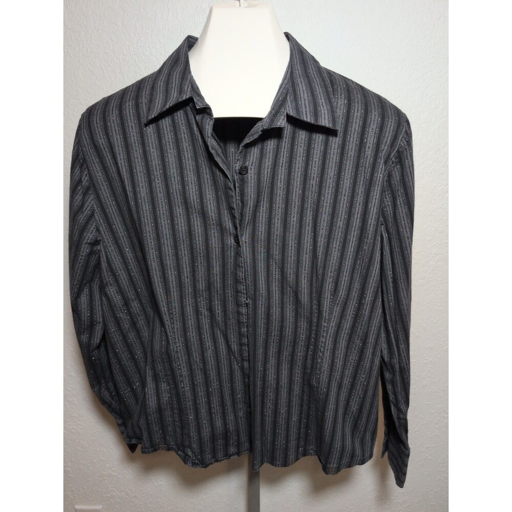 St John’s Bay Womens Black & Gray Metallic Stripe Cotton Button Up Shirt XL